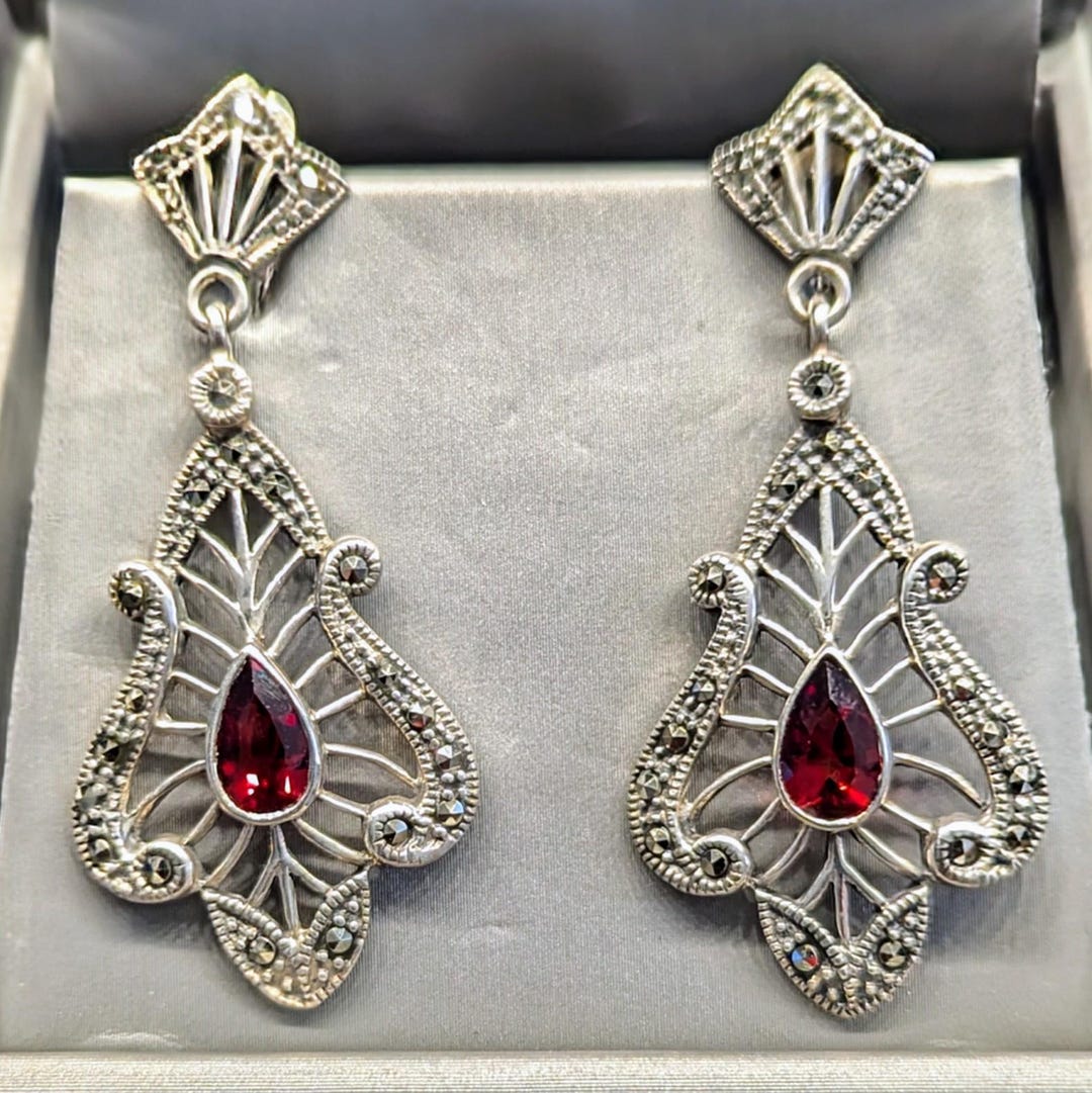 Vintage Sterling Silver Garnet and Marcasite Earrings - Etsy