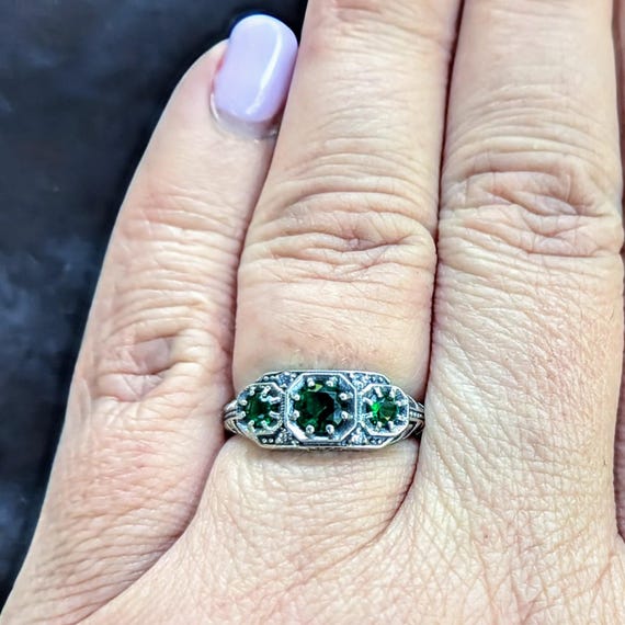 Sterling Silver Emerald 3-Stone Ring - image 4