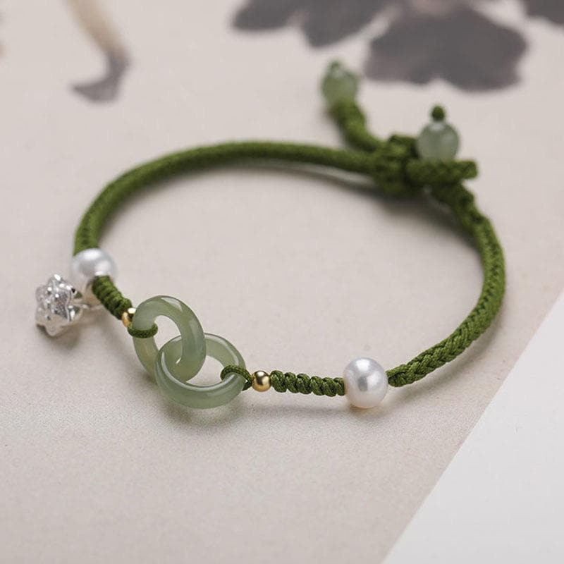 Handmade Green Jade & Pearl Knot Bracelet – Adjustable Cord Bracelet for Women, Lucky Charm Jewelry, Chinese style Bracelet