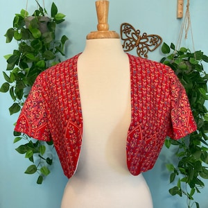 Vintage 50’s Border Print Fabric Bolero Jacket Sz M