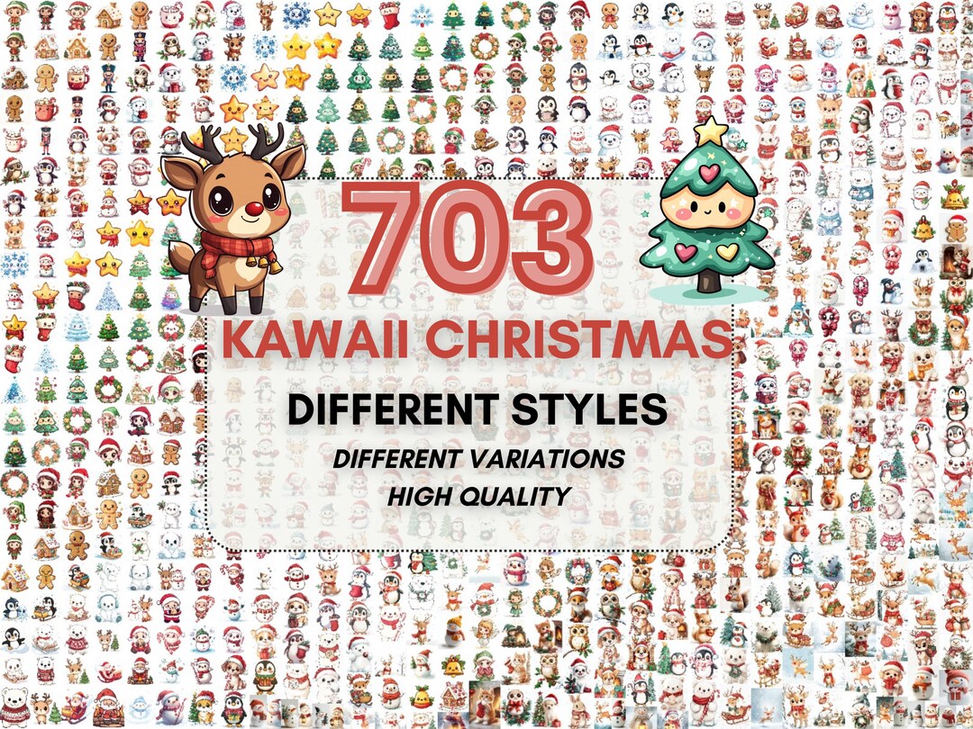 703 Kawaii Christmas Clipart Bundle Cute Holiday Creatures & Christmas ...