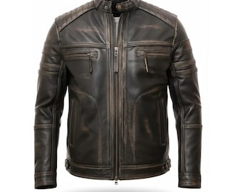 Vintage Distressed Brown Leather Biker Jacket for Men