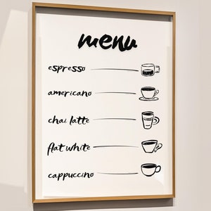 Impressão de menu de café, impressão de menu de cafeteria, pôster de café, arte de cafeteria, impressão de cafeteria vintage, pôster estético preto, arte de parede de cozinha