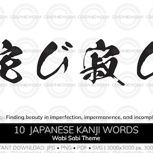 Könnte beinhalten: Eine digitale Grafik mit schwarzen japanischen Kalligrafiezeichen, die das Konzept von Wabi Sabi darstellen. Unter den Zeichen steht der Text: wabi sabi: Finding beauty in imperfection, impermanence, and incompleteness. 10 JAPANESE KANJI WORDS Wabi Sabi Theme.