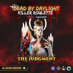 May include: A digital graphic featuring the text DEAD BY DAYLIGHT KILLER ROULETTE and THE JUDGMENT. A pale, otherworldly figure with white wings, intricate red vein-like patterns, and sharp claws is centered against a dark, blood-red background.