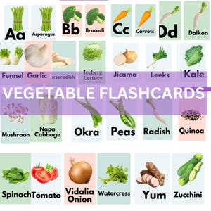 May include: Colorful flashcards featuring illustrations of various vegetables with their corresponding letter and name. The flashcards are arranged in a grid pattern with a purple banner at the top that reads "VEGETABLE FLASHCARDS".