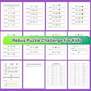 Op de afbeelding: Een printbaar Rebus Puzzle Challenge For Kids werkblad met vijftig genummerde woordpuzzels die emoji's en tekst gebruiken, inclusief een antwoordsleutel onderaan. Het document bevat diverse logische puzzels voor kinderen.