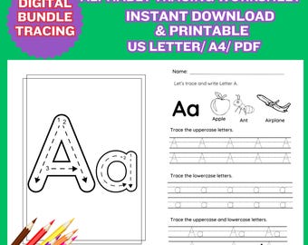 以下が含まれることがあります： Aの文字をなぞるための白黒の印刷可能なワークシート。ワークシートには、大文字と小文字のAのなぞり書きラインと、リンゴ、アリ、飛行機の絵が含まれています。ワークシートの上部には「Let's trace and write Letter A」というテキストがあります。