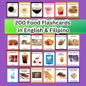 Puede incluir: Un conjunto de 200 tarjetas didácticas de alimentos en inglés y filipino. Cada tarjeta presenta una imagen colorida de un alimento, con los nombres en inglés y filipino. Incluye café, huevo frito, arroz, helado, patatas fritas y hamburguesa.