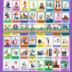 50 community-helpers-flashcards, werkersflashcards, afdrukbare visuele kaarten met beschrijvingen, digitale download, beroepsflashcard, baan