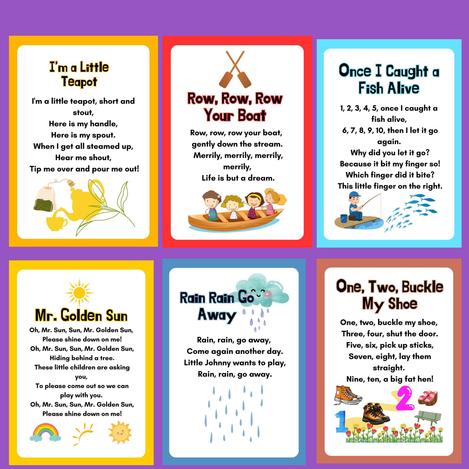 30 Nursery Rhyme Song Cards Preschool Classroom Decor Kids Wall Art 