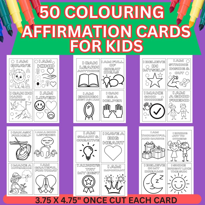 50 Kids Affirmation Cards Printable, Coloring Positive Cards for Kids ...