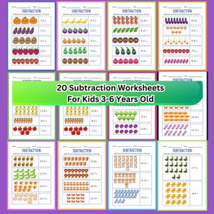 May include: A collection of 20 subtraction worksheets for children, featuring rows of colorful illustrations including fruits, vegetables, animals, and insects. Each page includes the title SUBTRACTION and math problems with blank boxes.