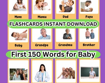 Puede incluir: Un conjunto de tarjetas didácticas con imágenes de miembros de la familia, incluyendo mamá, papá, abuela, abuelo, hermano, hermana, bebé y maestro. Las tarjetas didácticas están etiquetadas con las palabras correspondientes y están diseñadas para el aprendizaje temprano.