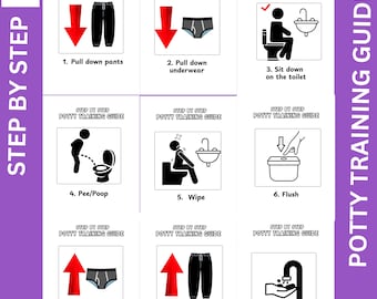 May include: A step-by-step potty training guide with illustrations showing the process of using the toilet, including pulling down pants, sitting on the toilet, wiping, flushing, and washing hands.