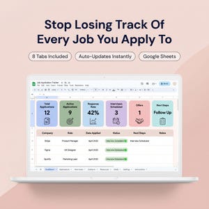 Op de afbeelding: Een digitale sollicitatietracker weergegeven op een laptopscherm. De interface bevat een dashboard met kleurrijke samenvattingsvakken voor sollicitaties, responspercentages en interviewstatus, naast een gedetailleerde tabel voor het bijhouden.
