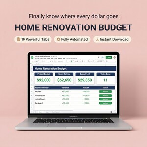 Puede incluir: Un portátil que muestra un panel de control de presupuesto de renovación del hogar en Google Sheets. La pantalla muestra el presupuesto del proyecto, gastos, presupuesto restante y tareas. Texto: Finally know where every dollar goes, HOME RENOVATION BUDGET, 10 Powerful Tabs, Fully Automated, Instant Download.
