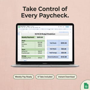 May include: A MacBook laptop displaying a budget planner spreadsheet with the text "Take Control of Every Paycheck." The spreadsheet shows a 50/30/20 budget breakdown, including needs, wants, and savings. The text "Weekly Pay Ready," "8 Tabs Included," and "Instant Download" are also visible.