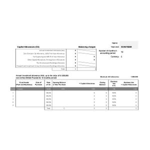 Può includere: Documento bianco con testo nero che dettaglia le indennità di capitale, inclusa l'indennità annuale di investimento e gli oneri di bilanciamento. Il documento include sezioni per attività fisse, aliquote e saldi di chiusura.
