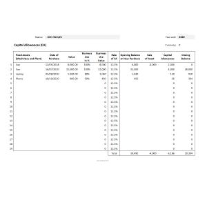 May include: A spreadsheet showing a capital allowance calculation for a business. The spreadsheet includes columns for the date of purchase, value, business use in percent, business use value, rate of capital allowance, opening balance or new purchase, sale of asset, capital allowances, and closing balance. The spreadsheet shows a total of $39,490 in opening balance or new purchase, a total of -$4,000 in sale of asset, a total of $6,186 in capital allowances, and a total of $29,304 in closing balance.