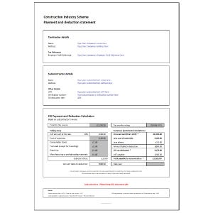 Op de afbeelding: Een formulier voor de betaling en aftrek van de bouwsector. Het formulier bevat secties voor de gegevens van de aannemer, de gegevens van de onderaannemer en de berekening van de CIS-betaling en -aftrek. Het formulier bevat velden voor het invoeren van informatie zoals naam, adres, belastingreferentie, UTR, verificatienummer, CIS-aftrekpercentage, totaalbedrag, BTW-bedrag, materiaalkosten en andere.