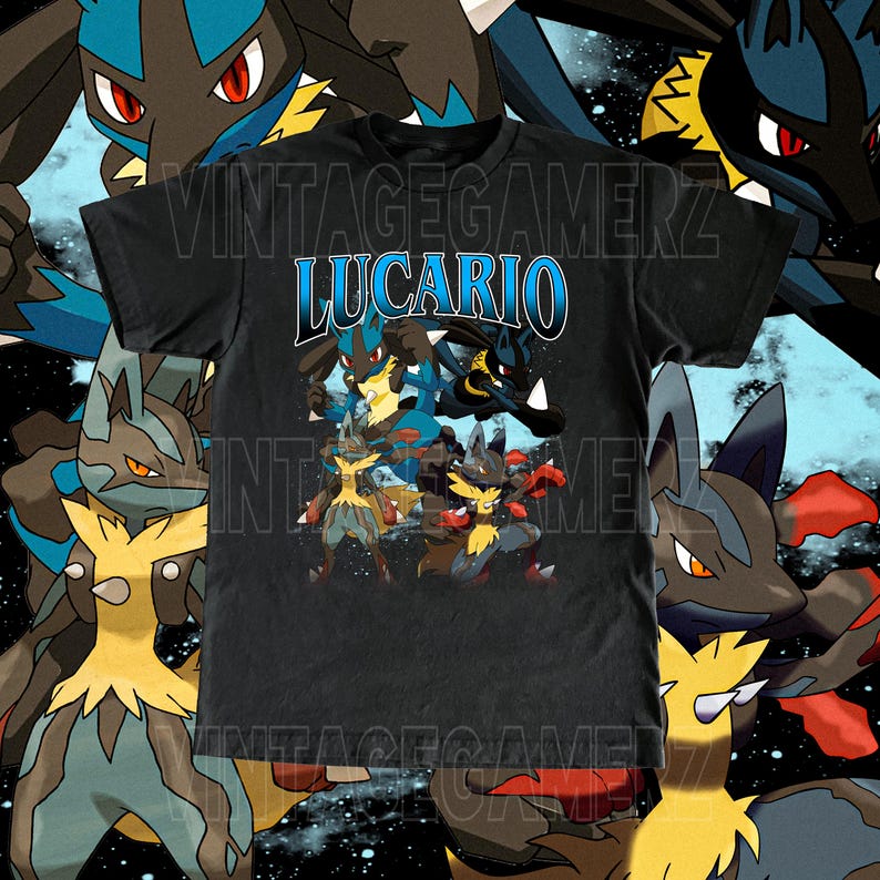May include: Black t-shirt featuring a graphic of Lucario characters in various poses. The word "LUCARIO" is printed in blue and white. The background includes additional Lucario illustrations.