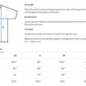 May include: A size guide for kids' shirts, with measurements in inches. The guide includes length, width, half chest, and sleeve length for sizes XS to XL. The text "Kids Size Guide" is at the top.