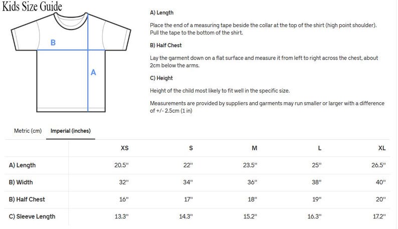 May include: A size guide for kids' shirts, with measurements in inches. The guide includes length, width, half chest, and sleeve length for sizes XS to XL. The text "Kids Size Guide" is at the top.