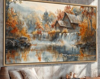 Autumn Cabin Waterfall Framed Canvas Art - Rustic Landscape Print