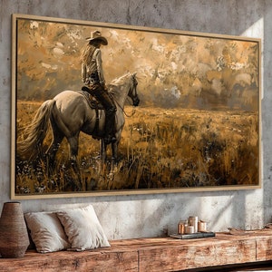 Lienzo enmarcado con diseño de vaquera montando a caballo, arte de pared, pintura panorámica de la naturaleza, impresión de paisaje occidental, póster, decoración rústica, regalo listo para colgar