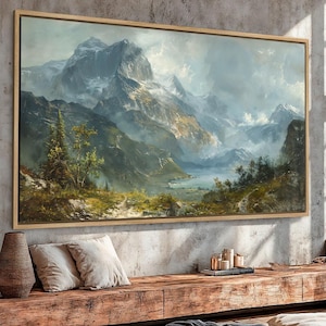 Mountain Landscape Framed Canvas Wall Art Snow Capped Peaks Painting Print Panoramic Alpine Scenery Poster Nature Decor Gift Ready to Hang