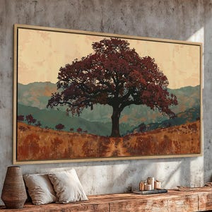 Lienzo enmarcado con silueta de roble, arte de pared, pintura panorámica de campo, impresión de pradera, póster abstracto de montaña, decoración, regalo listo para colgar