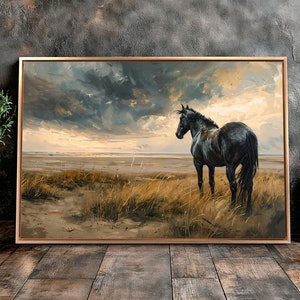 Noble Black Horse Framed Canvas Wall Art Beauty Rural Landscape Painting Print Equestrian Freedom Poster Equine in Field Decor Ready to Hang