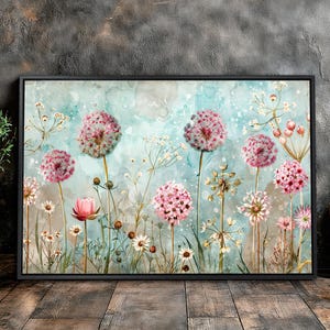 Lienzo enmarcado con diseño floral pastel, arte de pared, diente de león en un prado floreciente, pintura con impresión de flores rosas, póster, decoración botánica, regalo listo para colgar