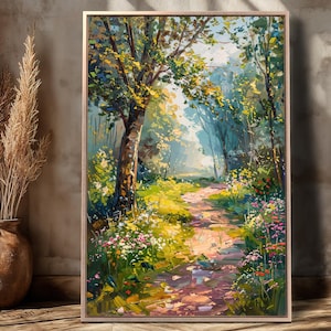 Serene Forest Path Framed Canvas Wall Art Nature with Lush Foliage Painting Print Blooming Wildflowers Poster Rustic Decor Ready to Hang