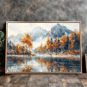 Lienzo enmarcado con montañas otoñales, arte de pared, pintura de lago brumoso, impresión de paisaje forestal, póster, decoración natural, regalo para el hogar, listo para colgar