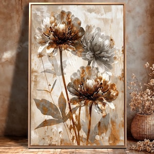 Lienzo con marco floral rústico gigante para pared, arte abstracto elegante con flores, impresión en beige y marrón, póster de decoración botánica, regalo listo para colgar