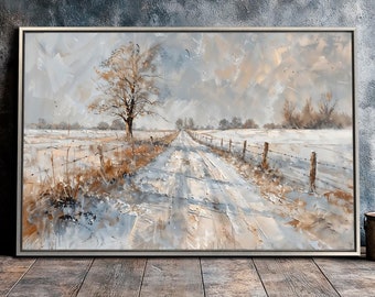 Winter Landscape Framed Canvas Wall Art Serene Snowy Road Painting Print Abstract Nature Poster Farmhouse Decor Gift for Him Ready to Hang