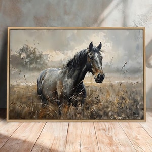 Stallion in the Pasture Framed Canvas Wall Art Brown and Black Horse Painting Print Equestrian Poster Wildlife Decor Gift Ready to Hang
