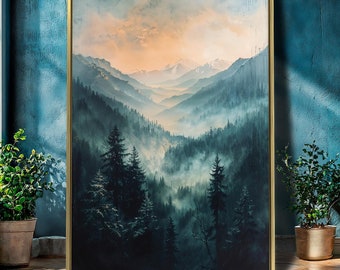 Misty Sunrise and Forest Mountains Framed Canvas Wall Art Wilderness Painting Print Alpine Poster Natural Beauty Decor Gift Ready to Hang