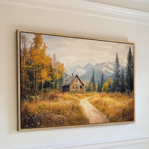 Rustic Cabin in Autumn Forest - Framed Canvas Print, Countryside Nature Scene Painting, Cozy Wall Art, Mountain Wall Decor, Ready to Hang