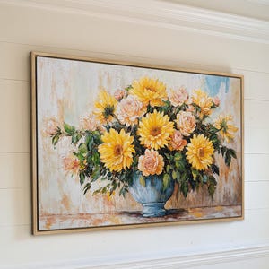 Vibrant Blooming Flowers in Vase - Framed Canvas Print, Vintage Floral Wall Art, Rustic Style Painting, Country Home Decor, Gift for Her