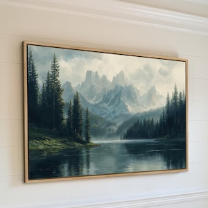 Rustic Mountain Landscape Art, Framed Canvas Print - Peaceful Wilderness Scene with Lake and Forest, Nature Lover Gift, Ready to Hang Decor