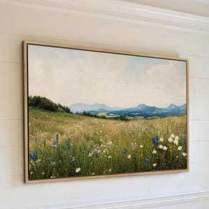 Wildflowers and Mountains - Framed Canvas Print - Rustic Country Landscape - Scenic Tranquil Nature Wall Art - Ready to Hang - Gift for Mom