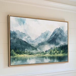 Watercolor Mountains Framed Canvas Print, Serene Landscape Art, Tranquil Forest Scene, Modern Wall Art Decor, Gift for Hikers, Ready to Hang