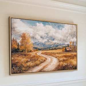 Rustic Mountain Scenery Framed Canvas Print, Country Autumn Landscape Painting, Barn Canvas, Rural Nature Print, Fall Artwork, Home Decor