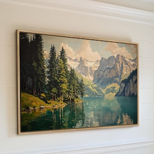 Wilderness Art Framed Canvas Print, Rustic Tranquil Wall Art, Mountain Lake Landscape Painting Print, Nature Lover Gift, Ready to Hang