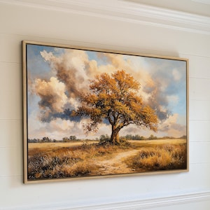 Autumn Tree in Country Landscape - Rustic Framed Canvas Print, Nature Wall Art, Office Decor, Large Scenic Painting, Ready to Hang Gift