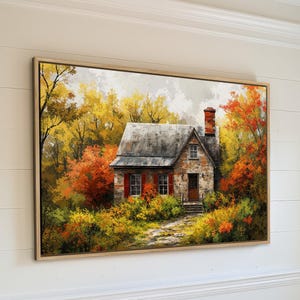 Rustic Cottage Framed Canvas Print, Cozy Home Decor, Country Art, Autumn Landscape, Countryside Nature Art, Ready to Hang, Gift Cabin Lover