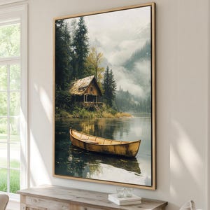 Rustic Lake Cabin with Rowboat - Framed Canvas Print, Countryside Art - Tranquil Forest Painting, Nature Print, Ready to Hang Gift Idea